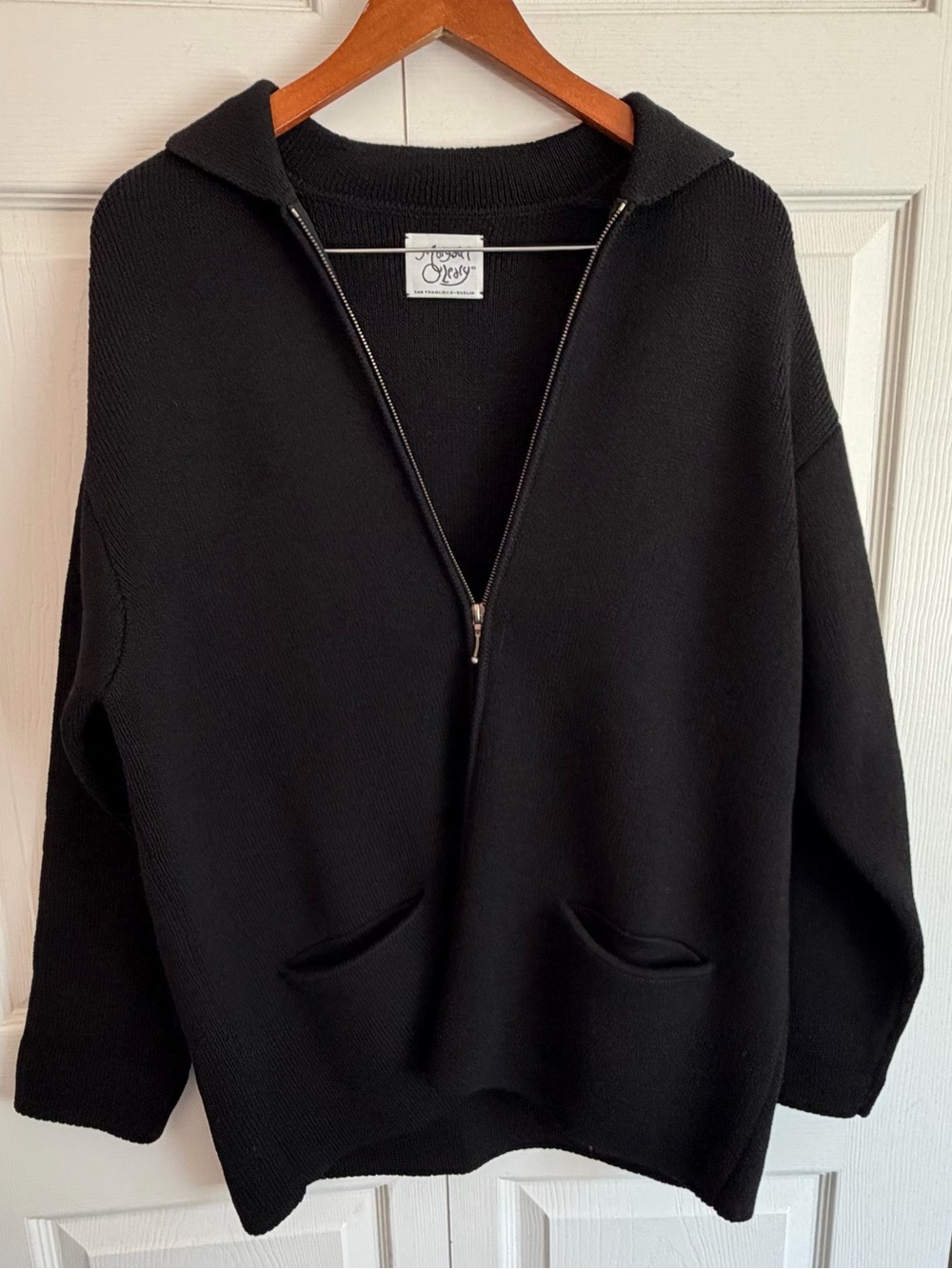 Margaret O’Leary Black Wool Blend Zip Sweater Jacket Heavy Knit L XL cardigan